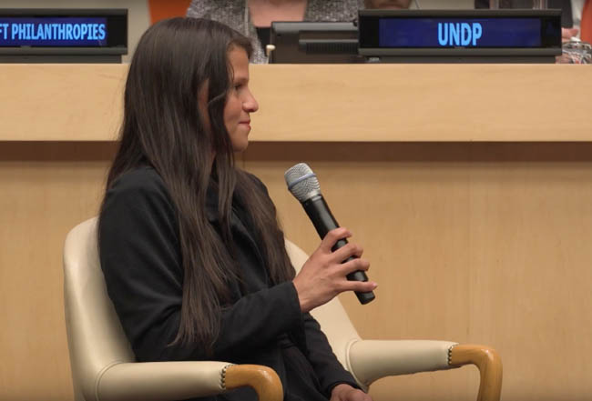Jessica, en su intervención durante el evento en Naciones Unidas organizado por la FMBBVA